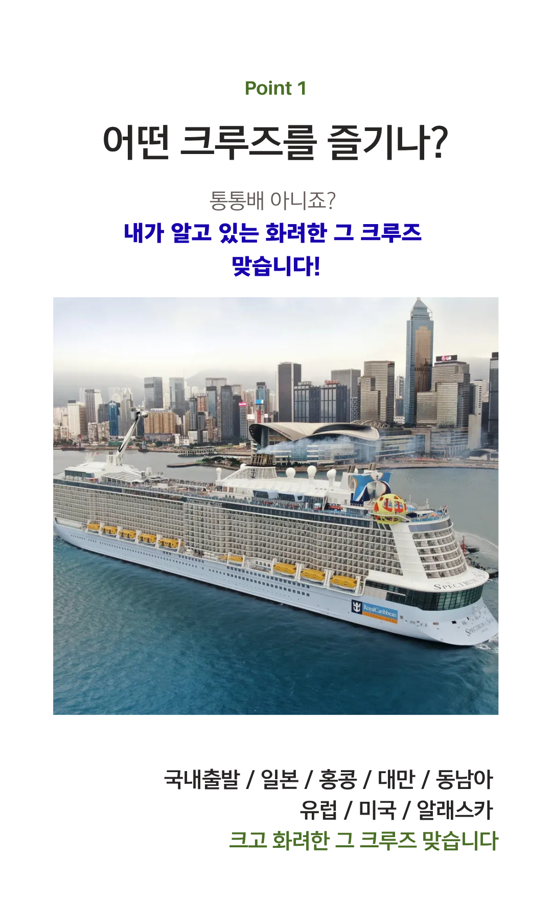 어떤 크루즈를 즐기나 — 국내출발 일본 홍콩 대만 동남아 유럽 미국 알래스카
